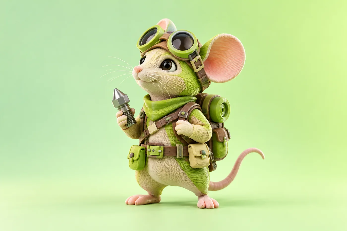 A playful original 3D-printed explorer character holding a print nozzle