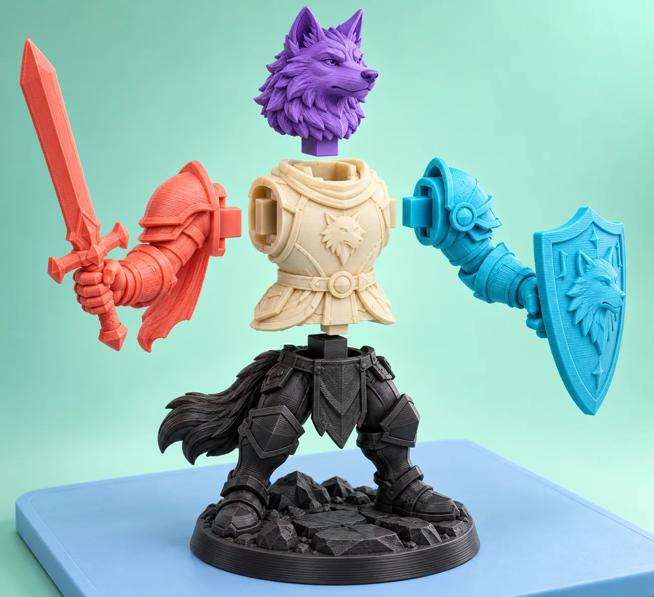 A colorful printed miniature split into ready-to-print parts